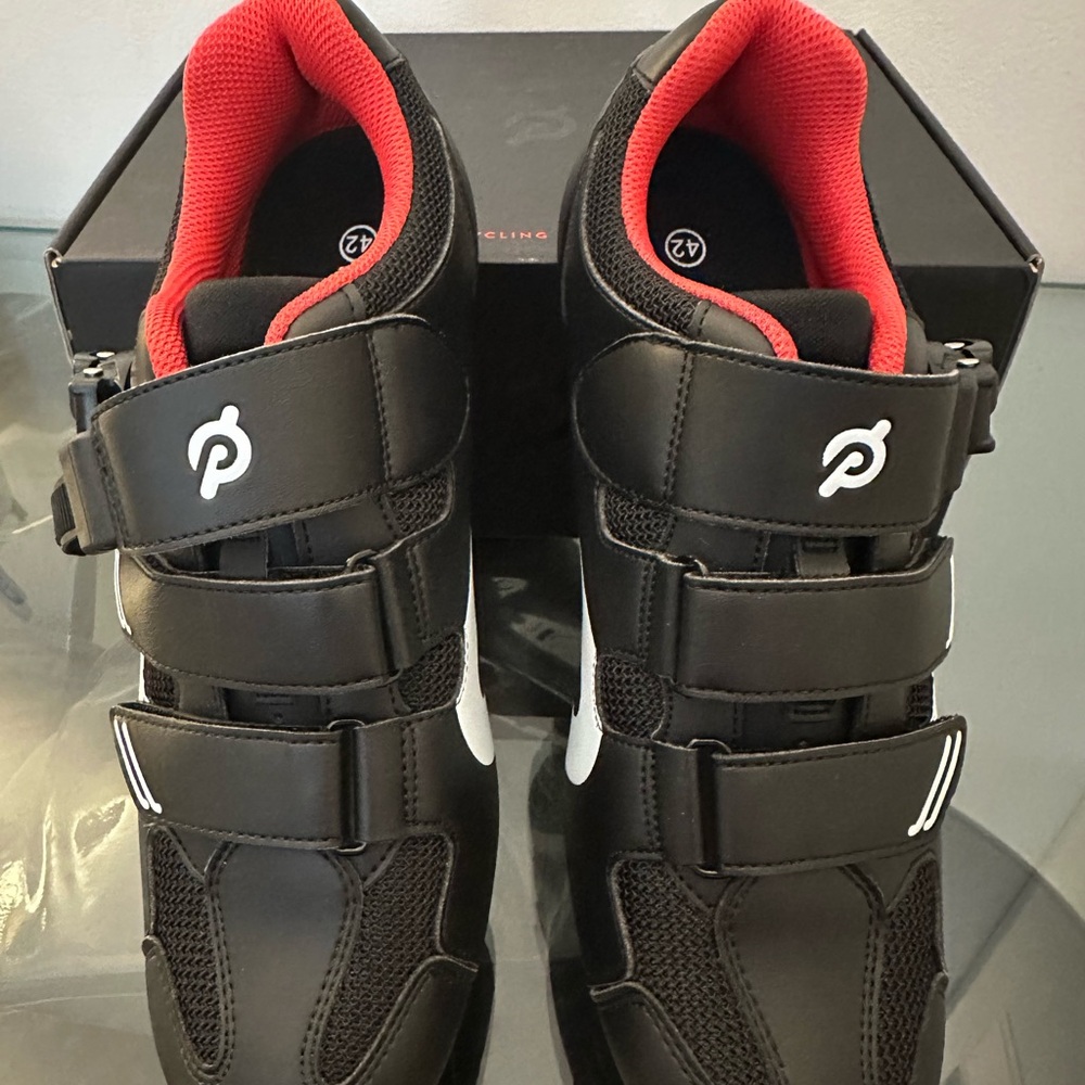 Peloton Men's Black Cycling Shoes with Red Lining and White Accents